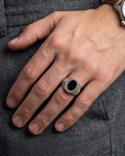Celestial Oval Cabochon Starry-Night Stippled Silver Ring