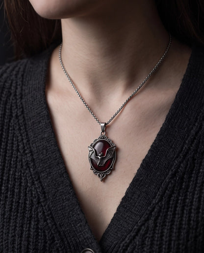 Antique Silver Gothic Bat Dark Red Enamel Medallion Chain Necklace