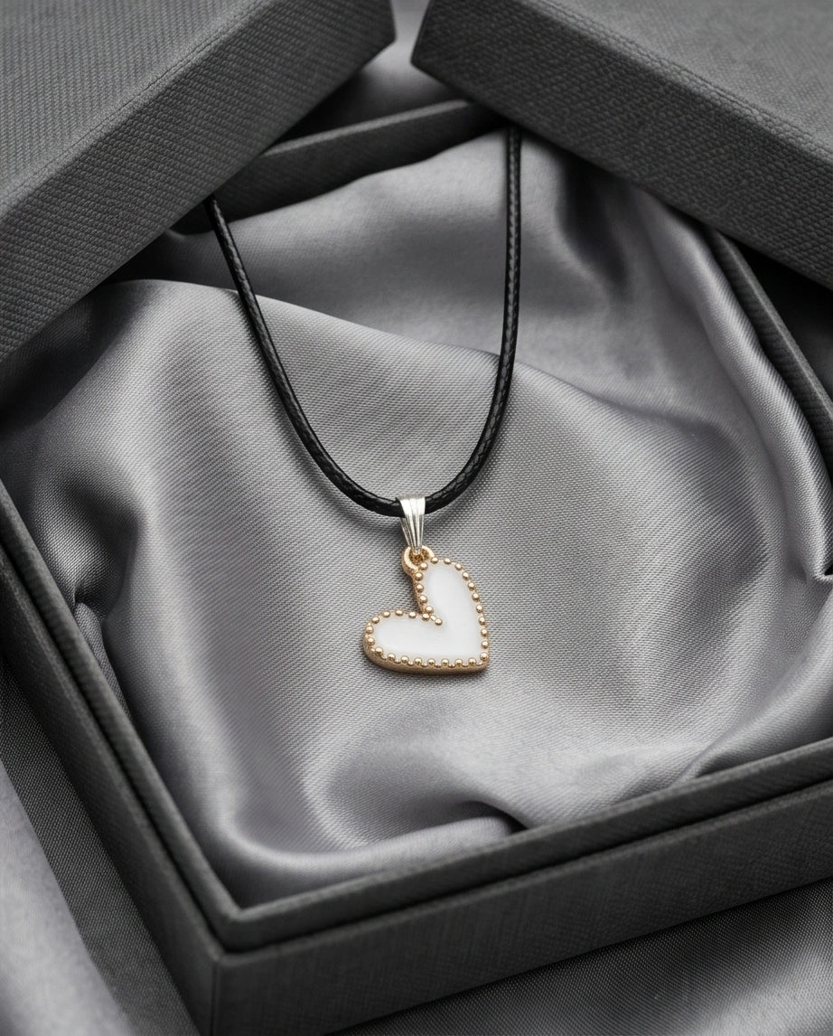 Gold and White Beaded Heart Necklace