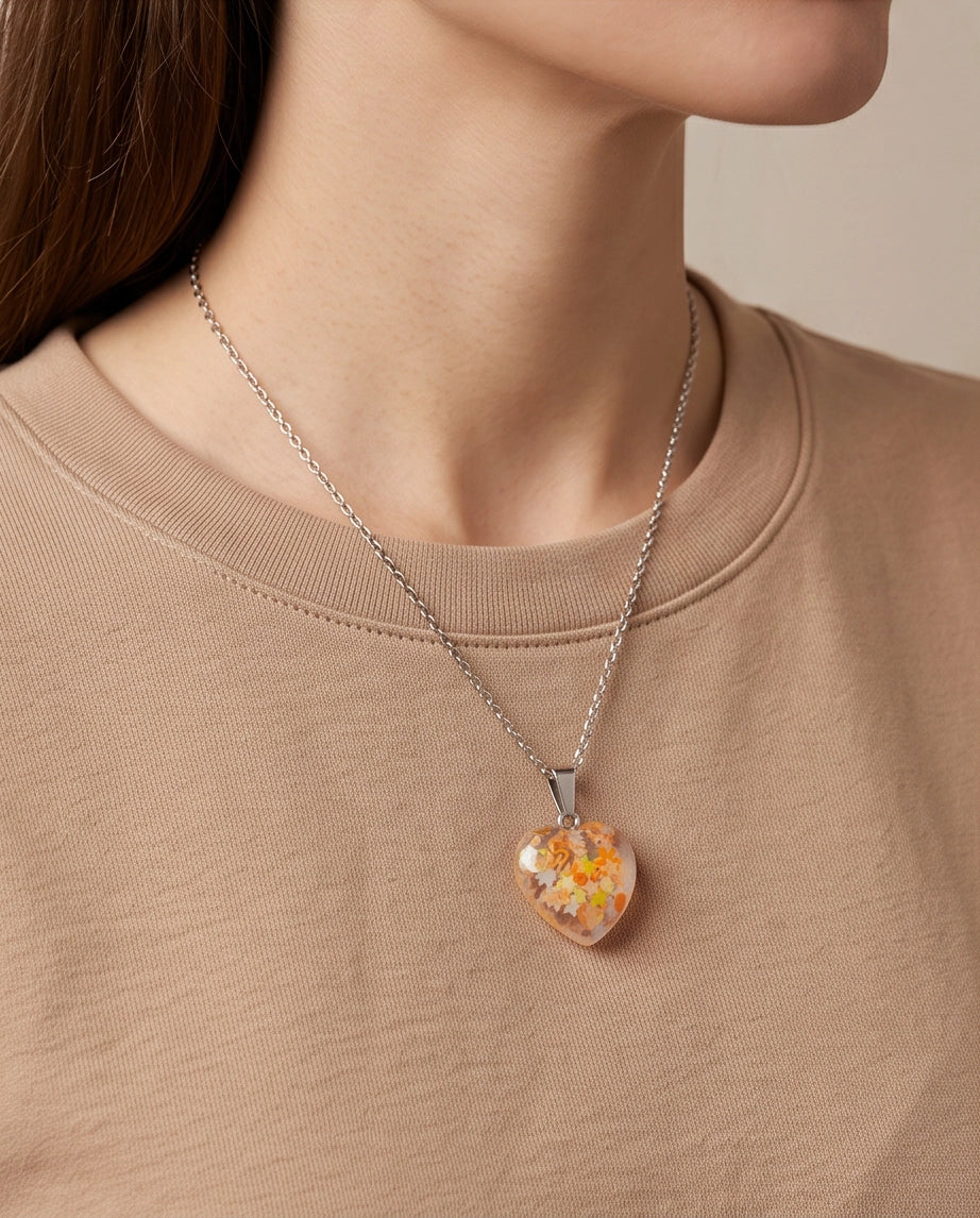 Silver Peach Orange Glitter Heart Resin Pendant Necklace