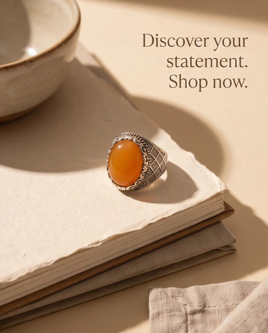 Amber Cabochon Crown Bezel Crosshatch Silver Ring