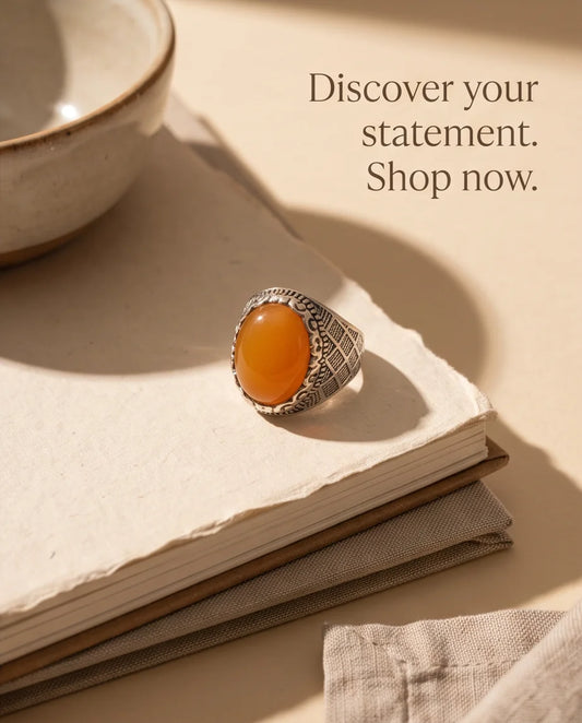 Amber Cabochon Crown Bezel Crosshatch Silver Ring