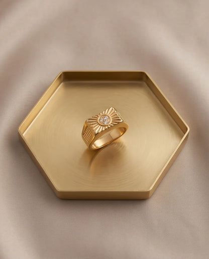 Celestial Sunburst Pavé Triple-Crystal Grid Gold Ring