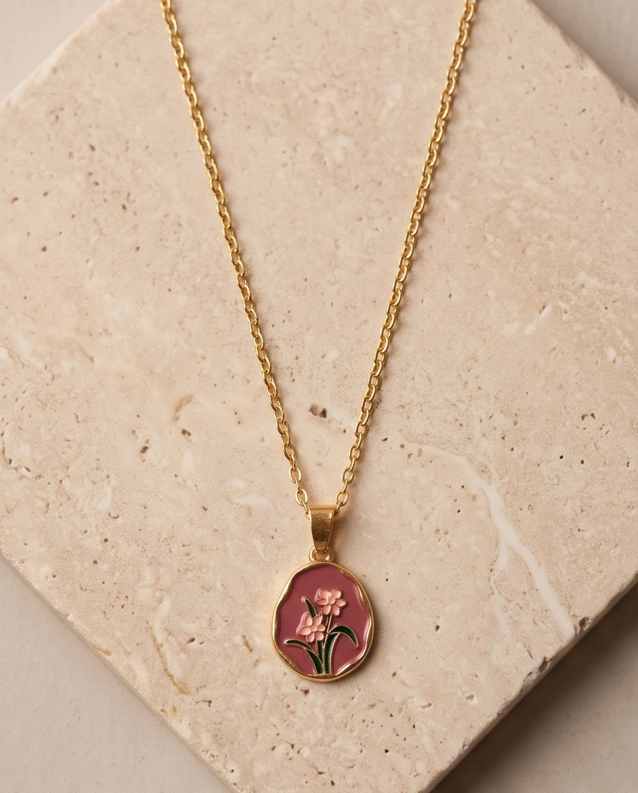 Gold Pink Floral Enamel Medallion Chain Necklace