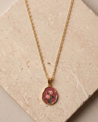 Gold Pink Floral Enamel Medallion Chain Necklace