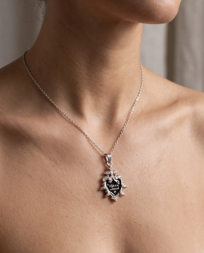 Silver Vintage Heart Engraved Black Enamel Pendant Necklace