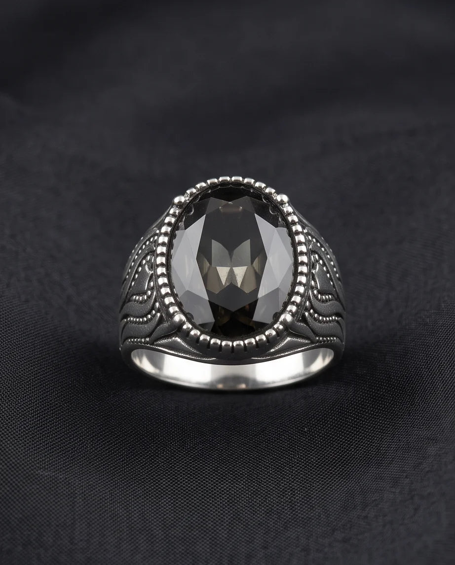 Obsidian Gemstone Beaded Frame Flame Silver Ring