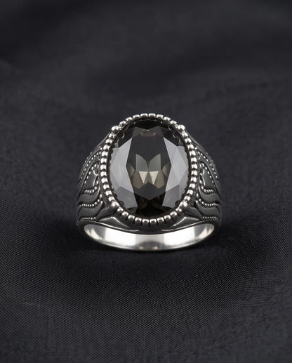 Obsidian Gemstone Beaded Frame Flame Silver Ring