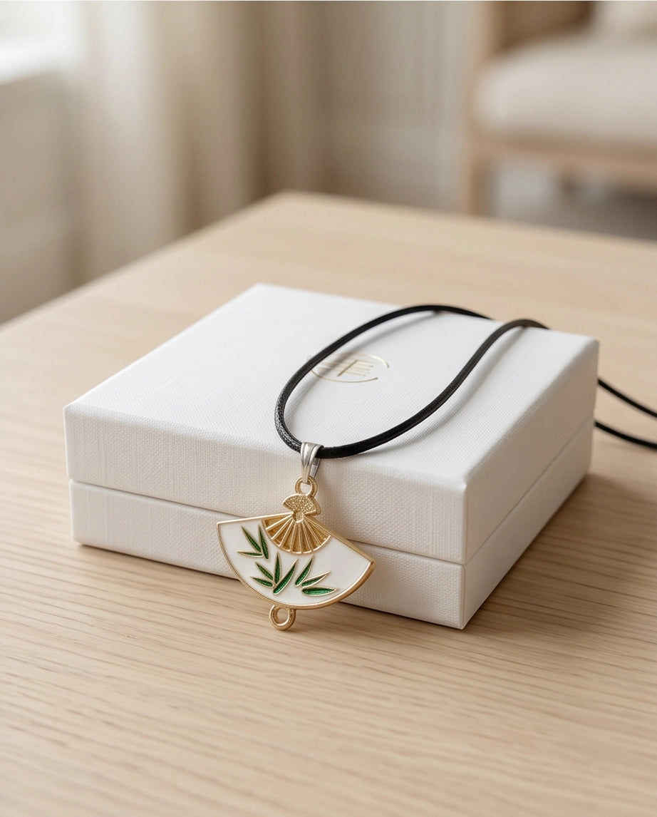 White Enamel Bamboo Fan Pendant Necklace