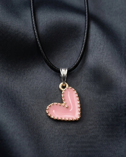 Pink Beaded-Edge Heart Enamel Pendant Necklace
