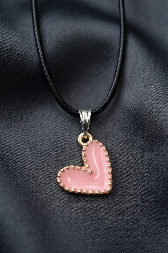 Pink Beaded-Edge Heart Enamel Pendant Necklace