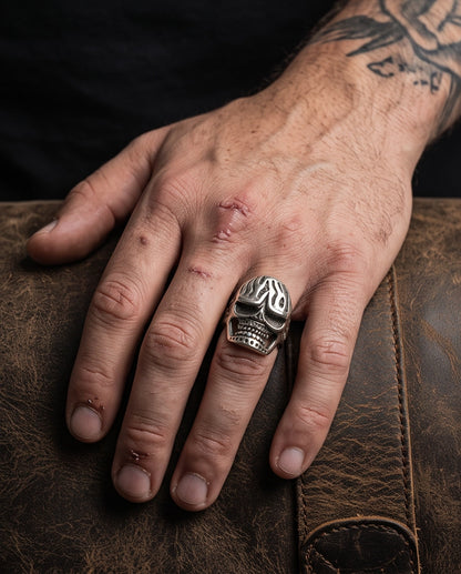 Fluted Flame-Crown Anatomical Skull Silver Ring