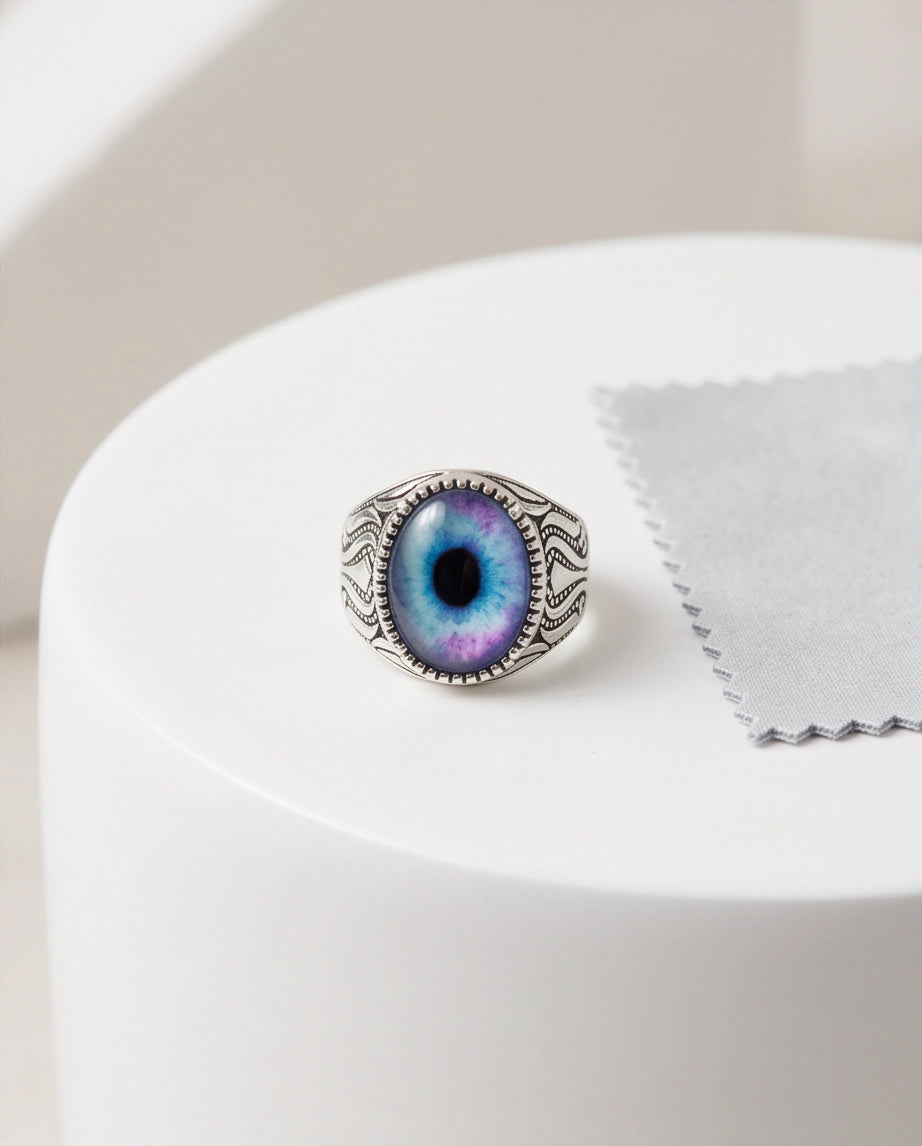 Nebula Blue-Purple Evil Eye Cabochon Ornate Scrollwork Silver Ring