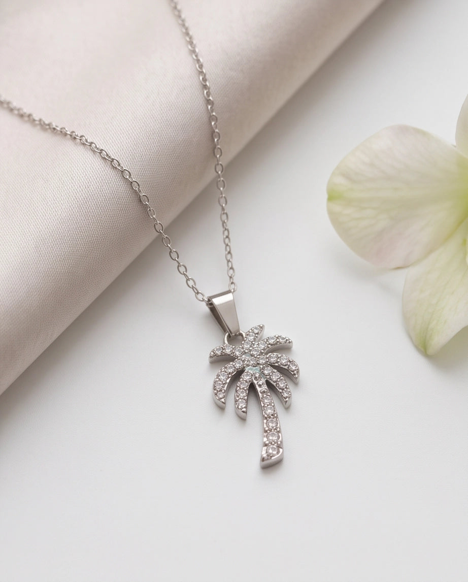Silver Crystal Pavé Palm Tree Pendant Necklace