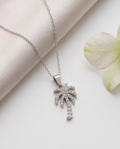 Silver Crystal Pavé Palm Tree Pendant Necklace