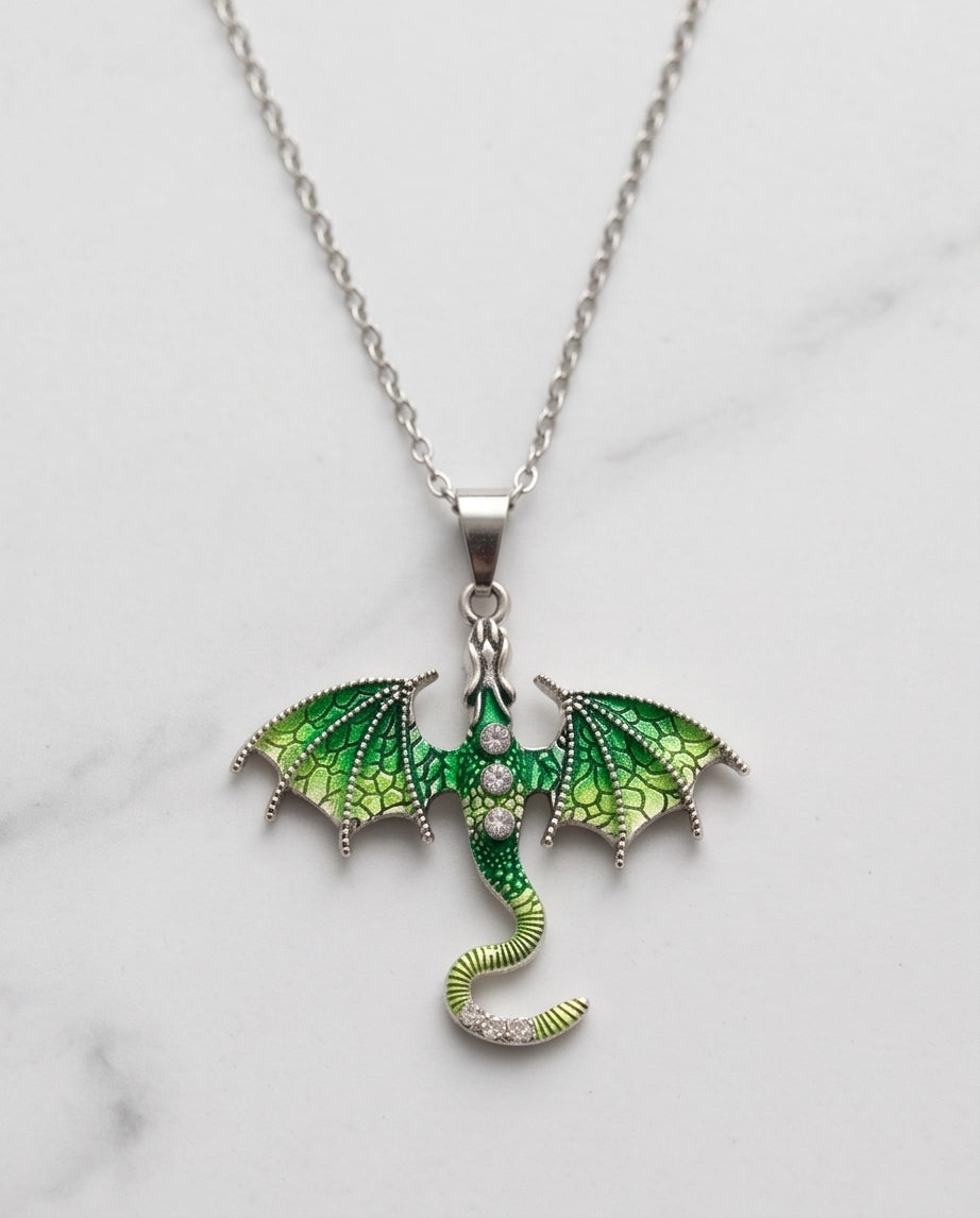 Silver Green Enamel Dragon Wyvern Pendant Necklace