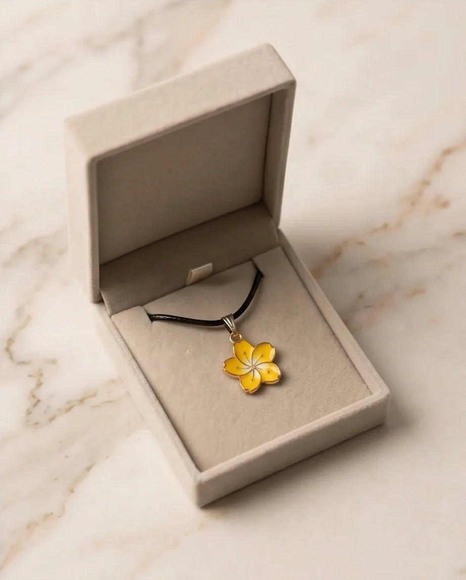 Mellow Yellow Cherry Blossom Enamel Pendant Necklace