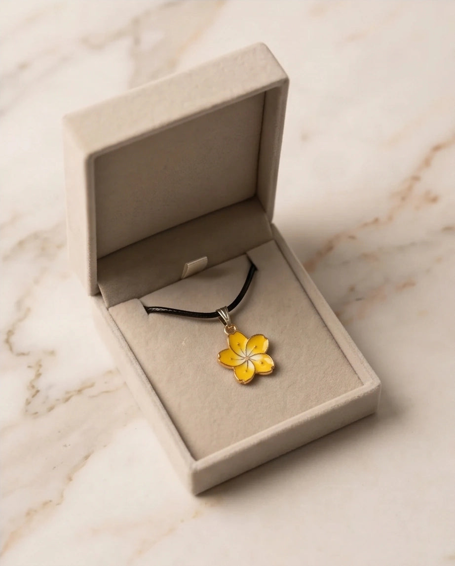 Mellow Yellow Cherry Blossom Enamel Pendant Necklace