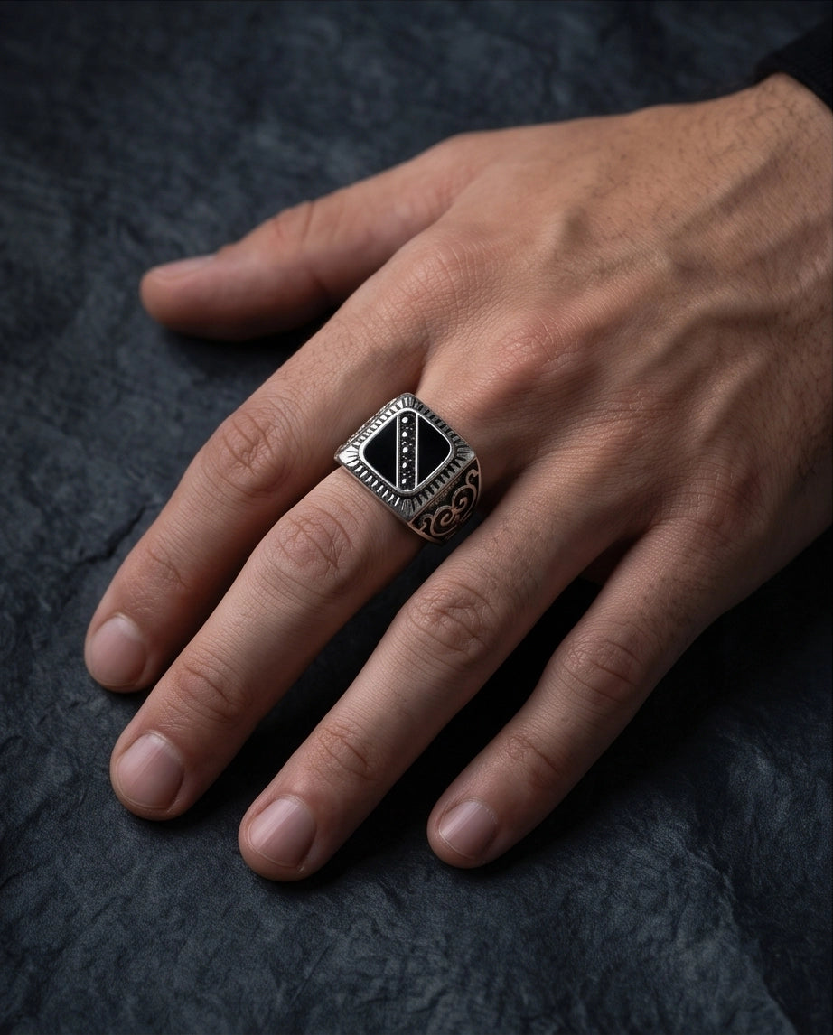 Dark-Stone Channel Inlay Filigree Scroll Silver Ring