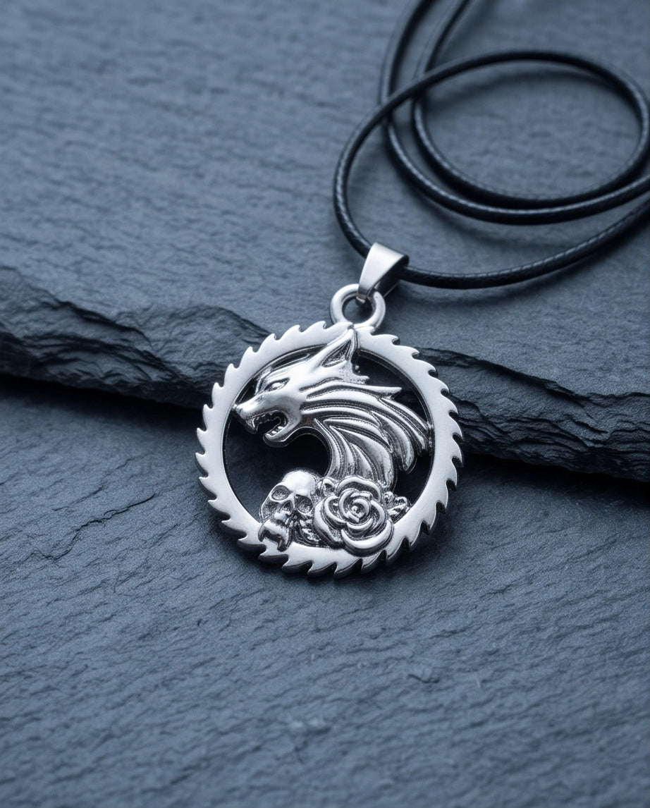 Silver Wolf and Skull Medallion Cord Necklace