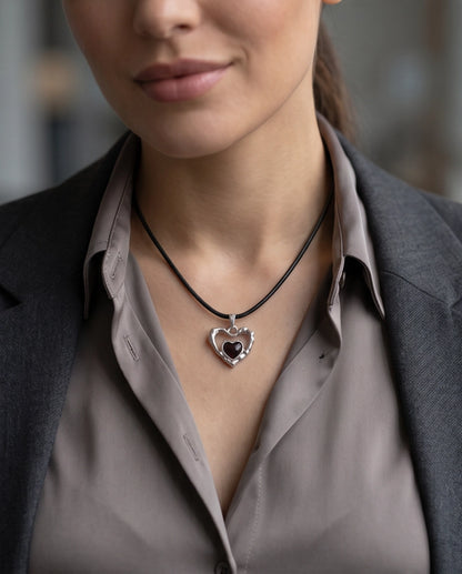 Openwork Heart & Black Gemstone Cord Necklace