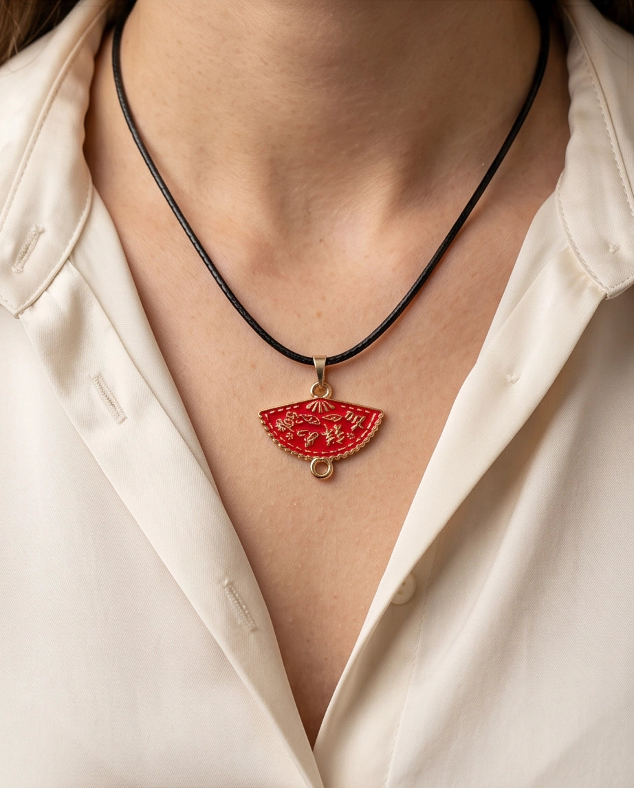 Crimson Calligraphy Fan Pendant Necklace