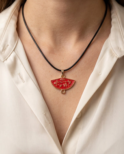 Crimson Calligraphy Fan Pendant Necklace