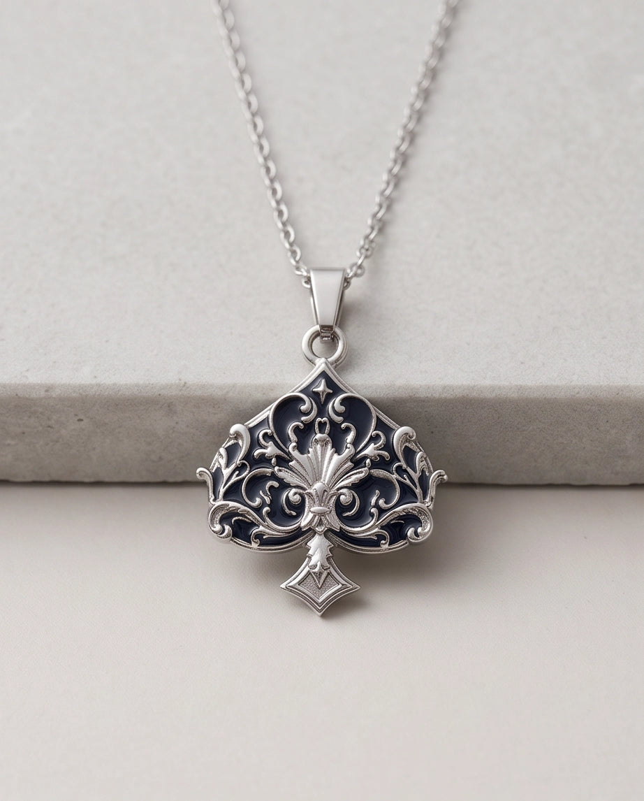 Silver Filigree Ace of Spades Pendant Necklace