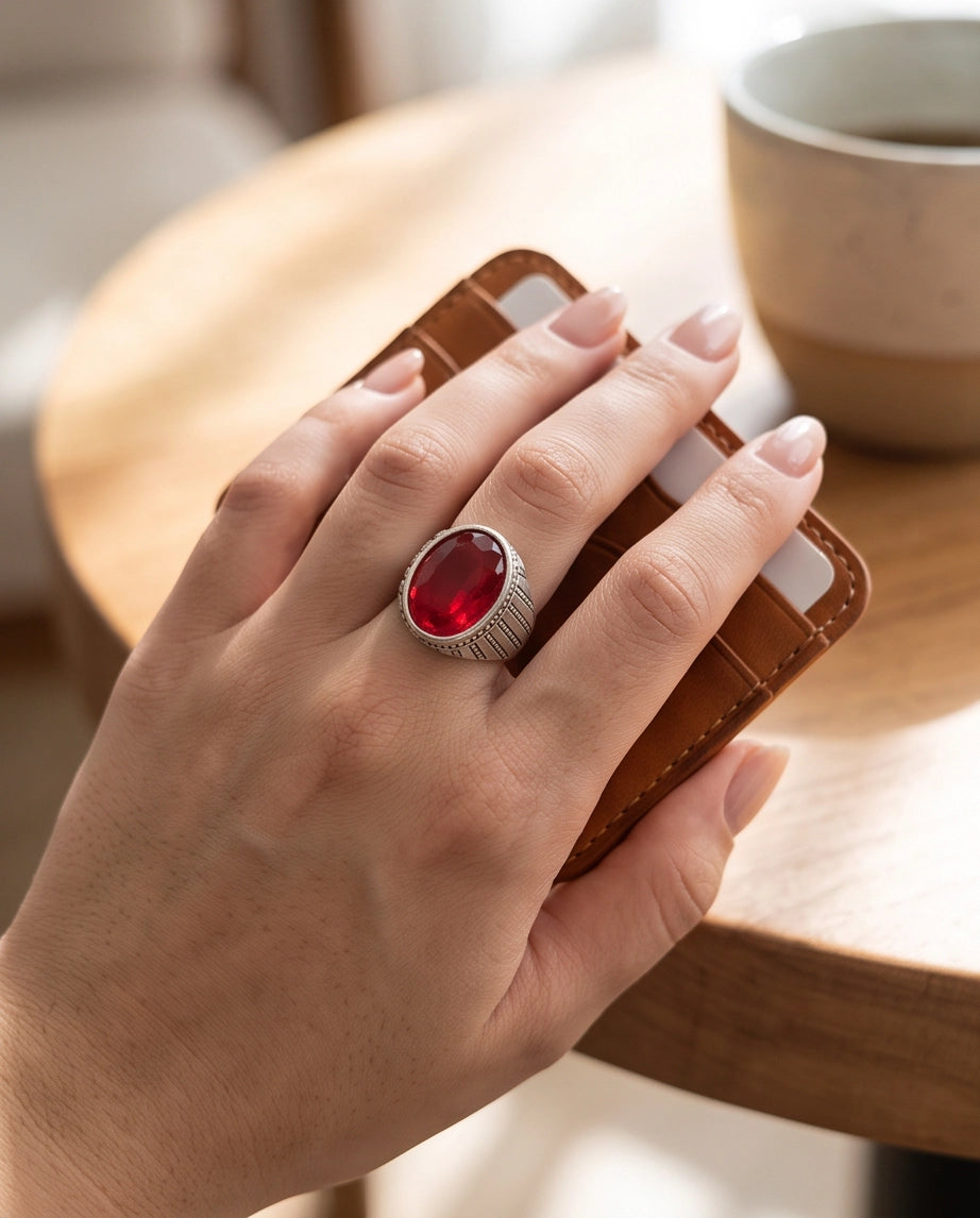 Ruby Gemstone Beaded Surround Vertical Ribbed Silver Ring