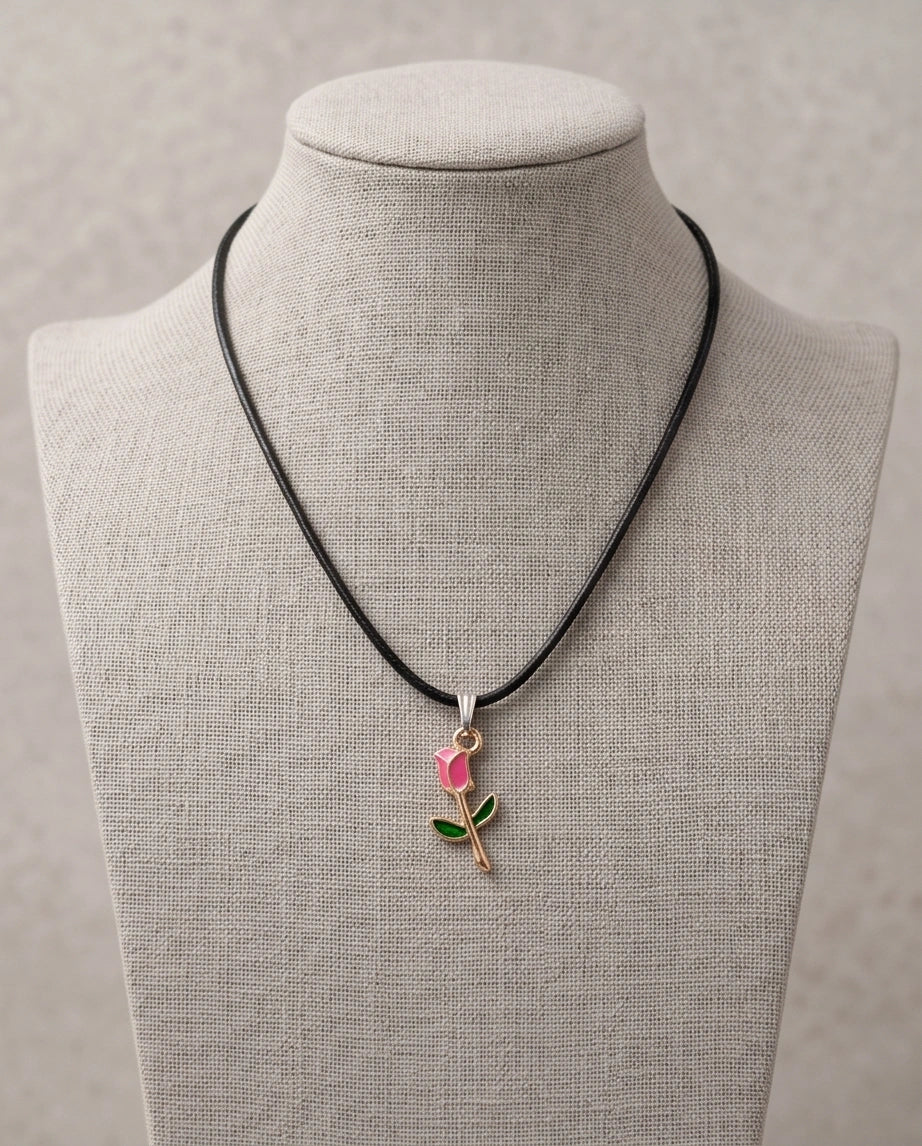 Gold and Pink Rose Pendant Necklace