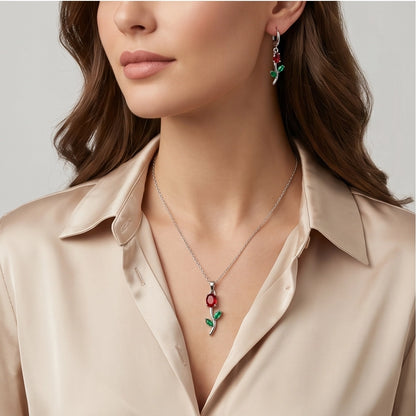 Silver Crystal Rose Necklace Set