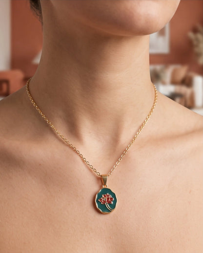 Gold Teal Lotus Enamel Medallion Chain Necklace