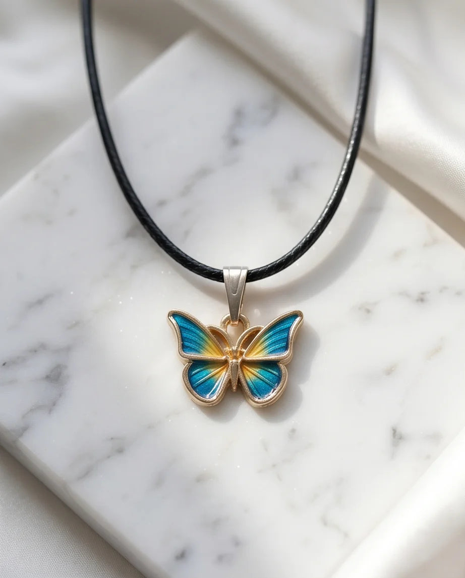 Teal & Gold Butterfly Pendant Necklace