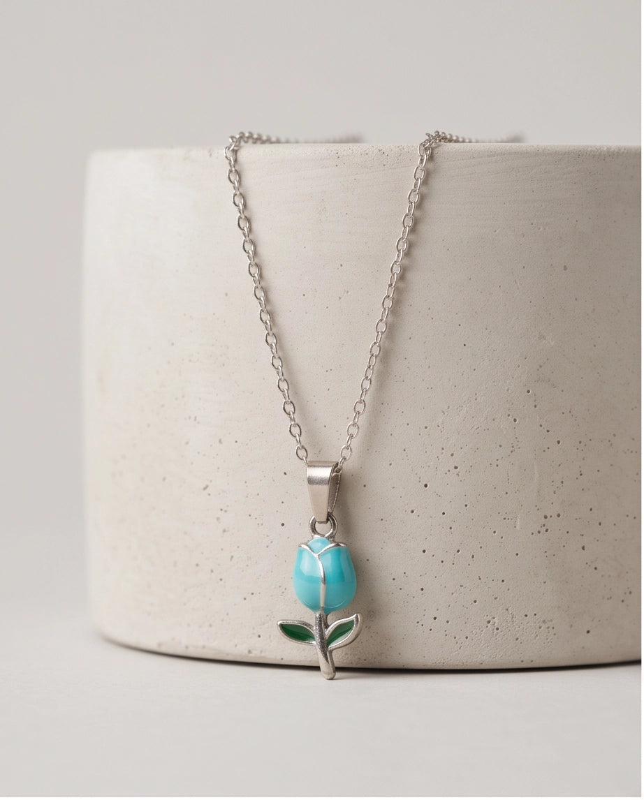 Silver Light Blue Enamel Tulip Pendant Necklace