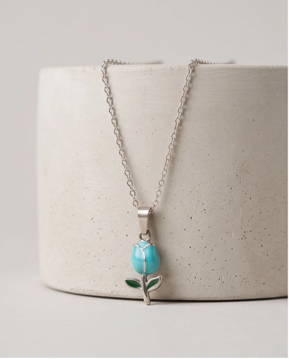 Silver Light Blue Enamel Tulip Pendant Necklace