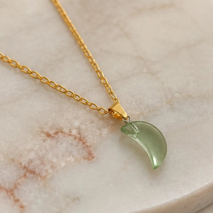Silver Fluorite Light Green Crescent Moon Pendant Necklace