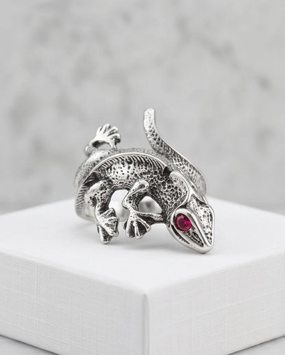 Ruby-Eyed Sculpted Lizard Wrap Ring