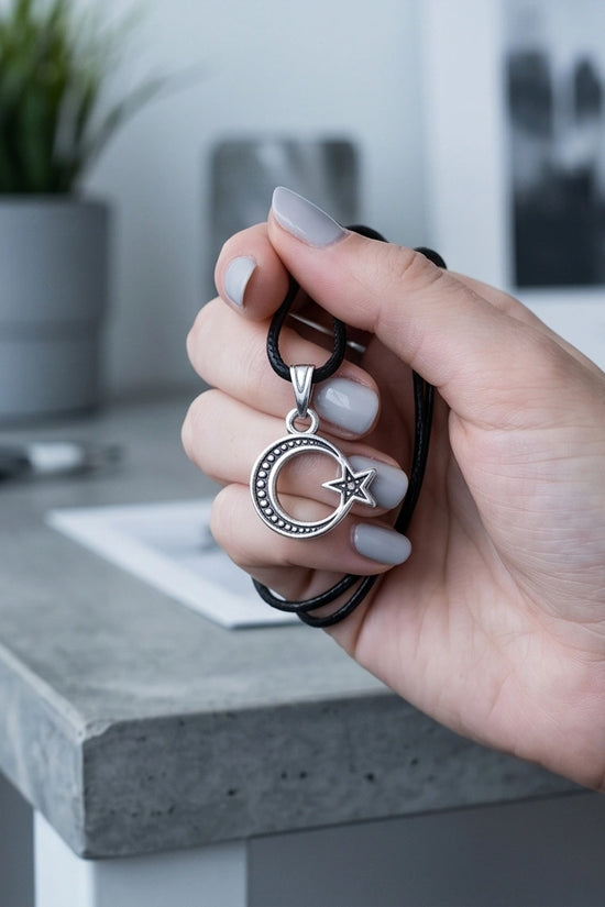The Celestial Path: Matte Silver Crescent Moon & Star Pendant Necklace