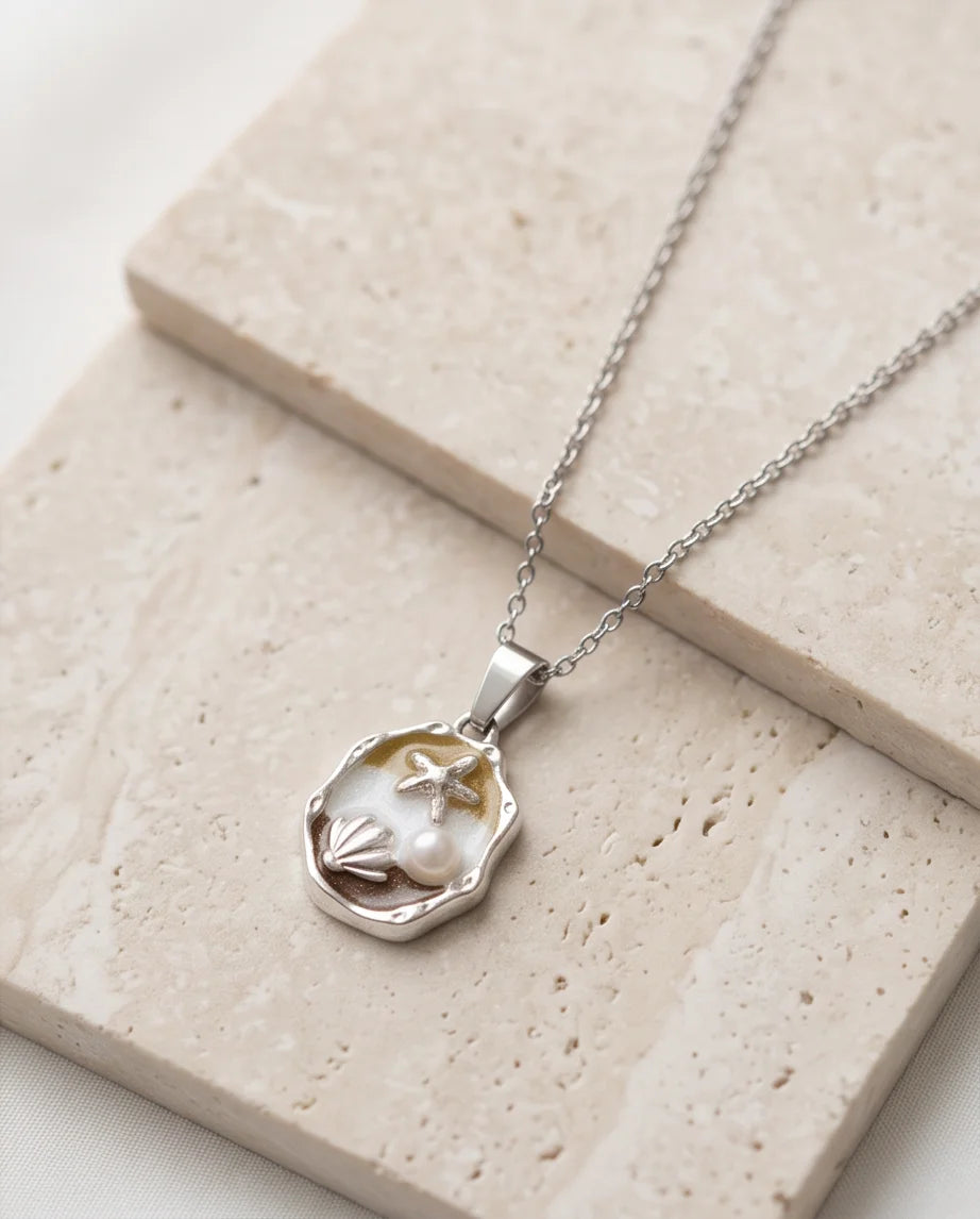 Silver Gold Seashell Starfish Pearl Enamel Medallion Chain Necklace