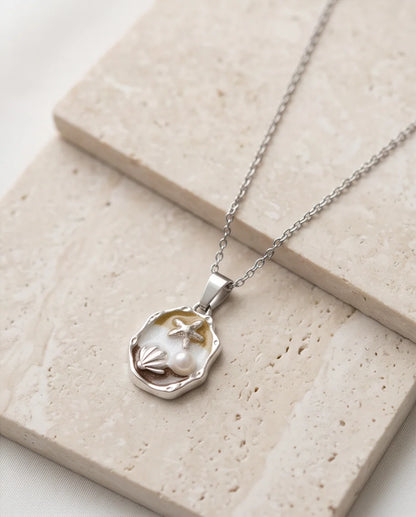 Silver Gold Seashell Starfish Pearl Enamel Medallion Chain Necklace
