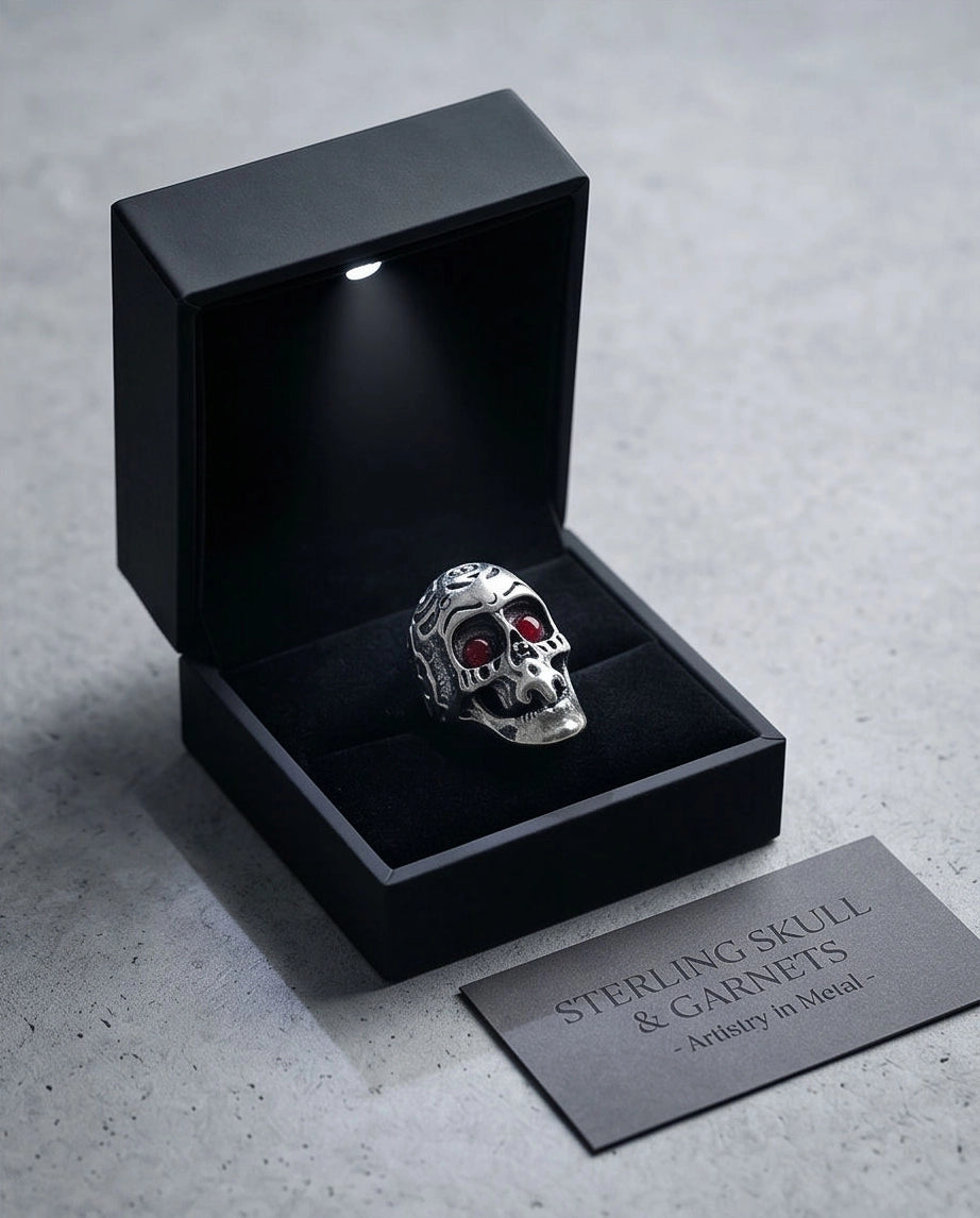 Ruby-Eyed Sculpted Sugar Skull Ring