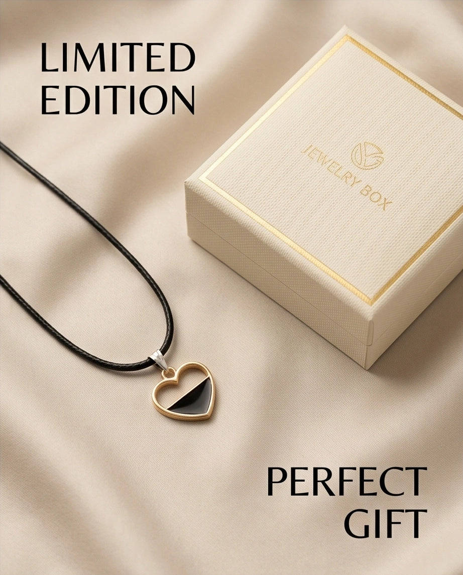 Gold Half-Black Enamel Heart Necklace