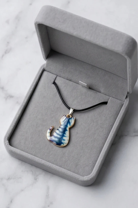 Artistic Blue Watercolor Feline Silhouette Pendant Necklace