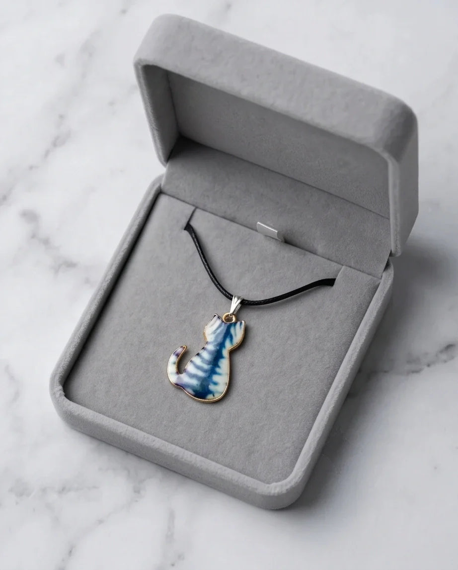 Artistic Blue Watercolor Feline Silhouette Pendant Necklace