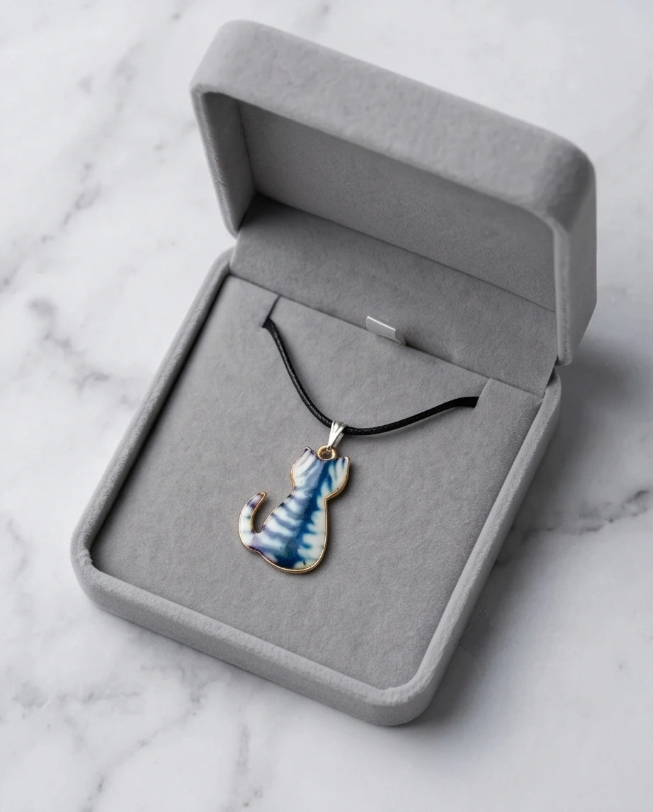 Artistic Blue Watercolor Feline Silhouette Pendant Necklace