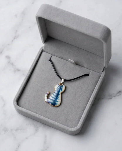 Artistic Blue Watercolor Feline Silhouette Pendant Necklace