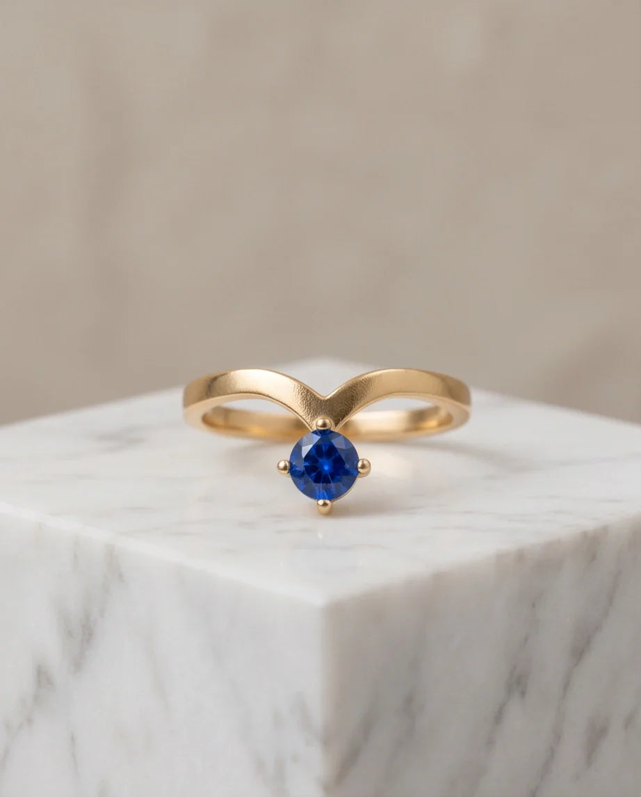 Gold Plated Blue Sapphire Droplet Chevron Ring