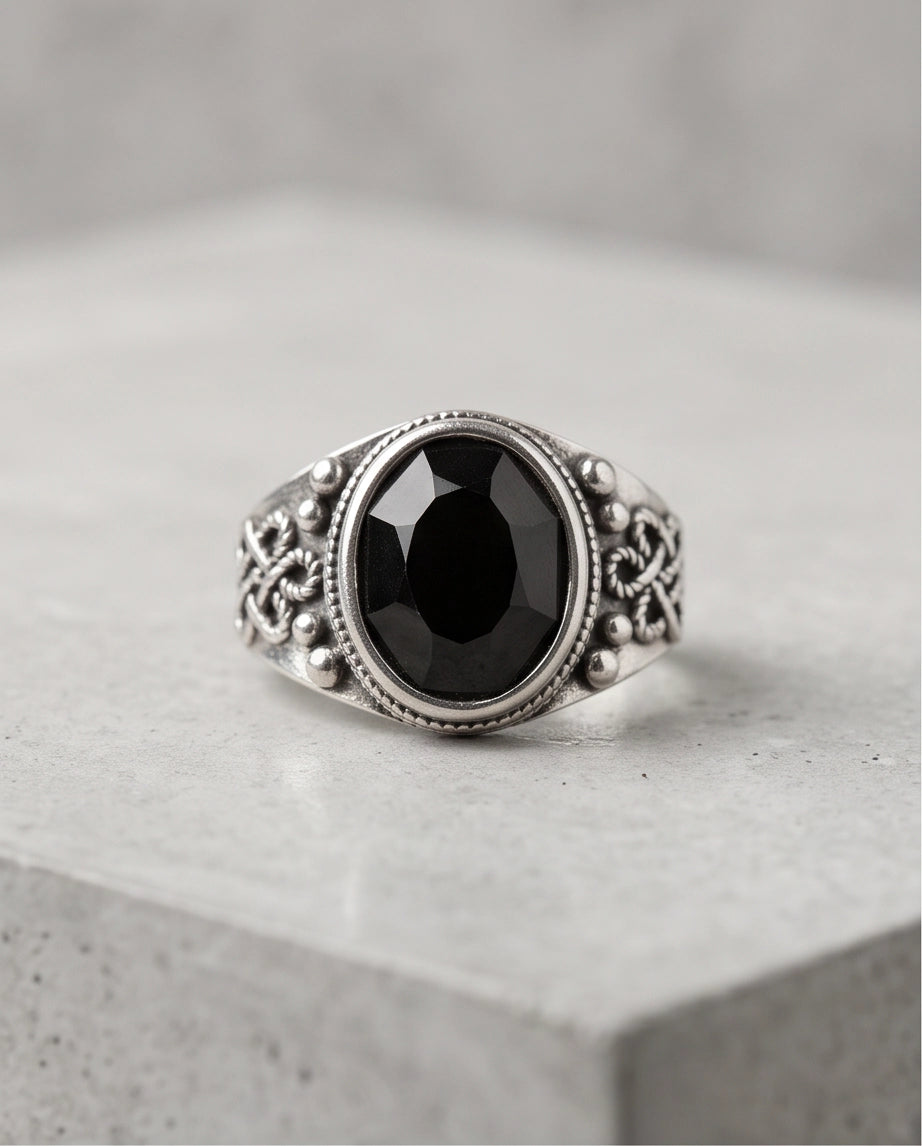 Faceted Oval Onyx-Style Beaded Bezel Filigree Silver Ring