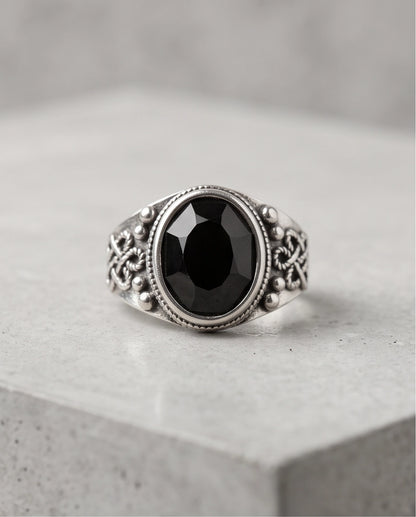 Faceted Oval Onyx-Style Beaded Bezel Filigree Silver Ring