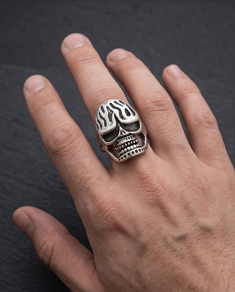 Fluted Flame-Crown Anatomical Skull Silver Ring